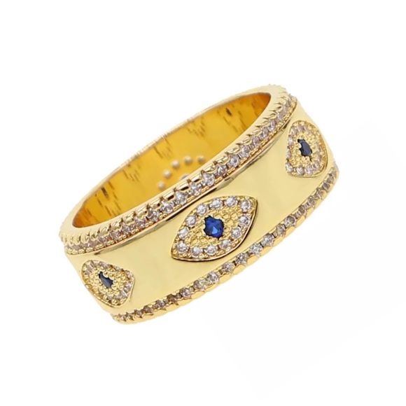 Boho 18K Gold Blue Crystal Evil Eye Band - Picture 3 of 13